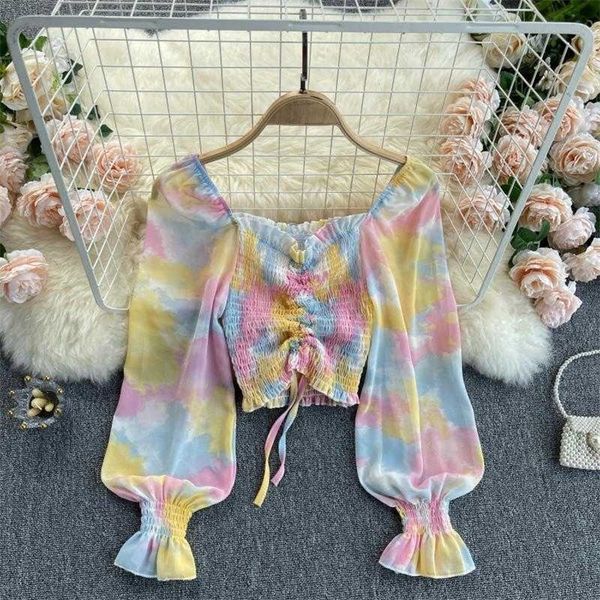 

deat women gradient drawstring pleated elastic slim chiffon shirt square collar short fashion spring summer 11b757 210709, White