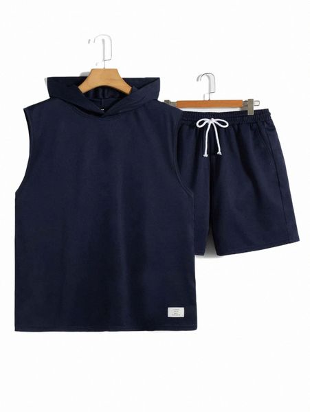 

men patch detail hooded tank & drawstring waist shorts 67si#, Gray