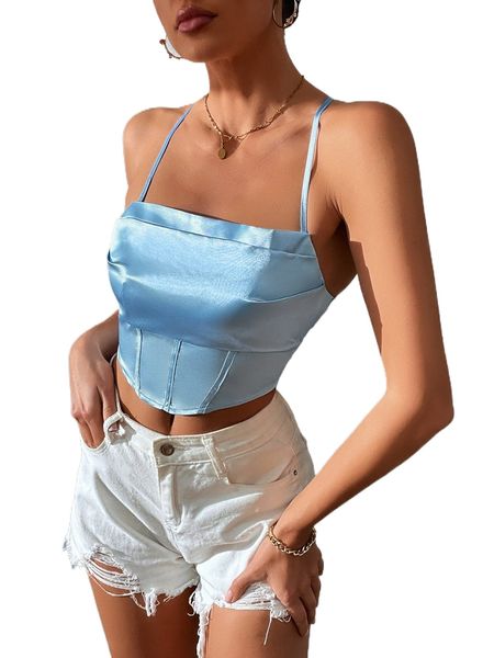 

satin lace-up back halter i3jx#, White