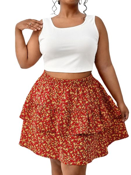 

plus tank & ditsy floral print layered hem skirt a5pg#, Black