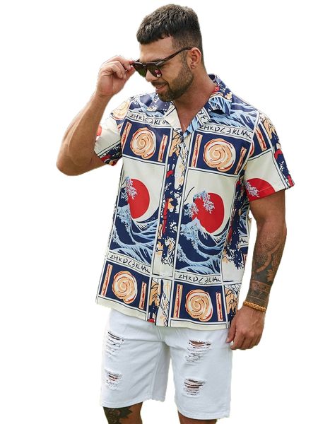 

extended sizes men random waves and letter graphic shirt v5c2#, White;black