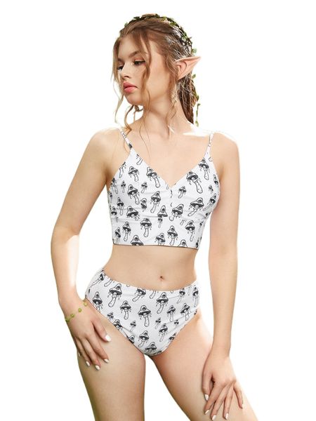 

romwe x raddishroot mushroom print bikini swimsuit f2wi#, White;black