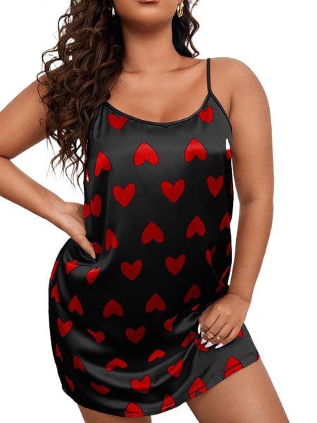 

plus allover heart print cami nightdress 55j9#, Black;white