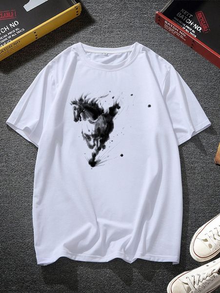 

men horse & ink painting tee u68i#, White;black