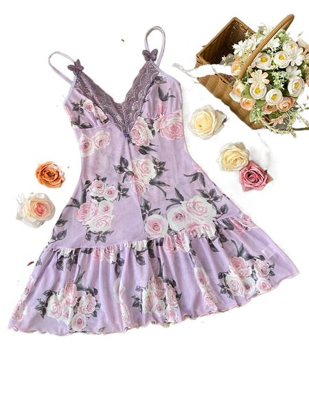 

floral print contrast lace ruffle hem mesh nightdress y44a#, Black;red