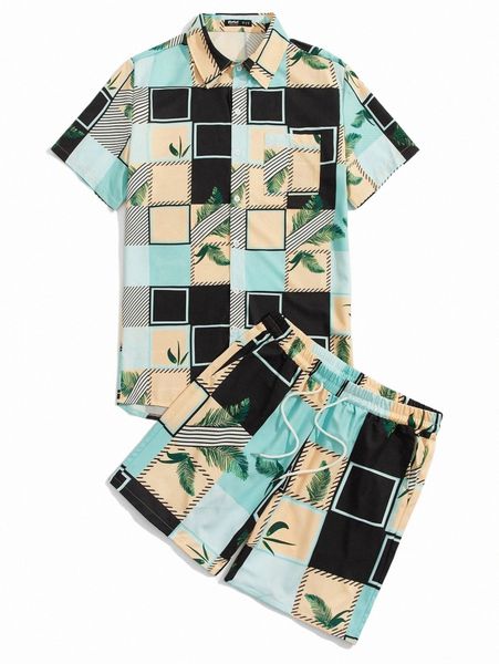 

romwe guys tropical print shirt & drawstring shorts 64zb#, Gray