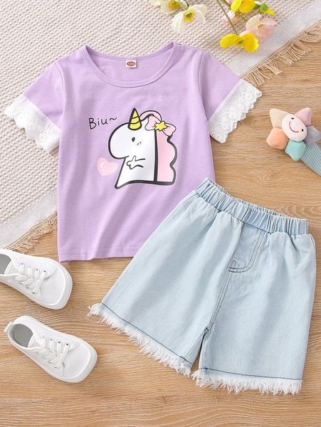 

toddler girls unicorn print tee and raw hem denim shorts she, White