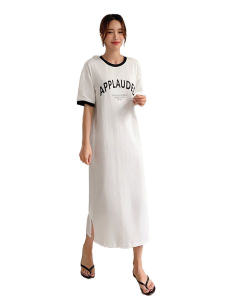 

dazy letter print binding trim split hem lounge dress f4jj#, Black;red