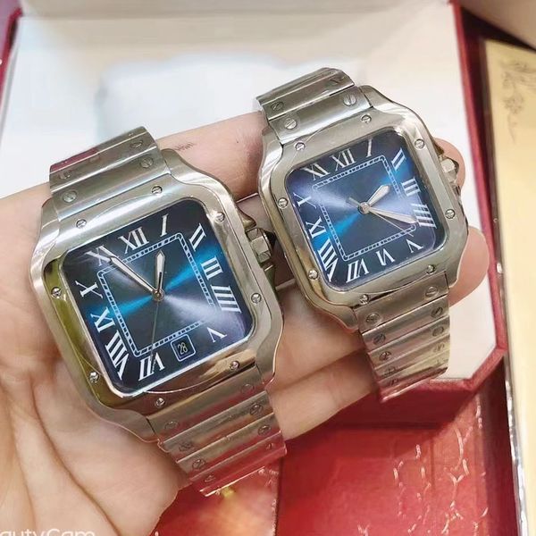 Relógios quadrados de 40 mm / 35mm de relógios de aço inoxidável azul de caixa e pulseira masculino de moda masculina
