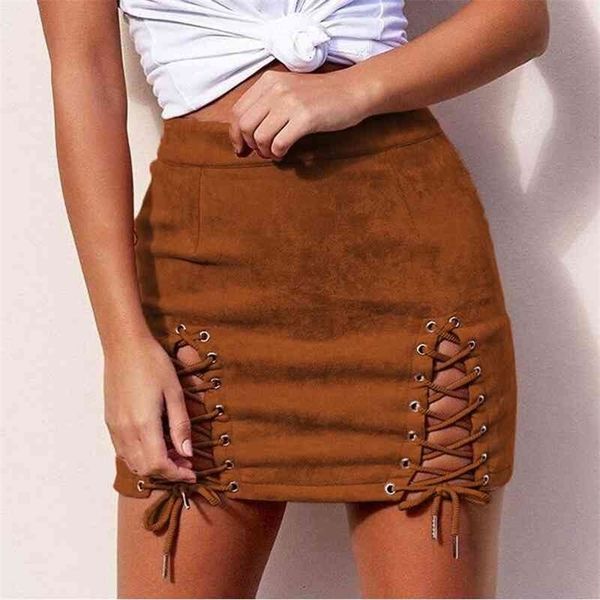 Modetrend heiße Modelle Frauenmodelle Kunstleder Frauen Bandage Wildleder Stoff Sexy Rock Sexy elastischer kurzer Rock 210331