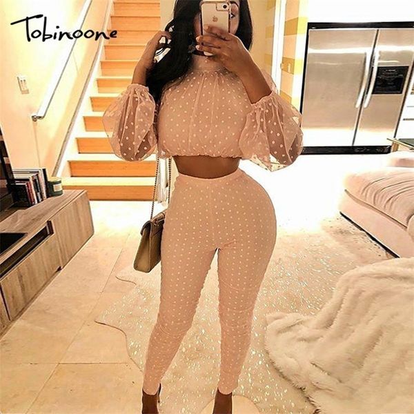 Tobinoone Uzun Kollu Beyaz Dantel Tulum Kadınları Seksi Mesh Bodycon Long Pants Romper Club Wear Party Tulum Kıyafetleri T200810