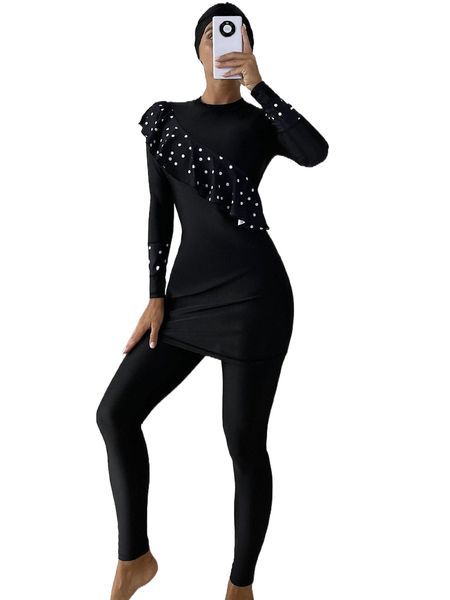 

3pack polka dot exaggerated ruffle trim high neck full body swimsuit o5a8#, White;black