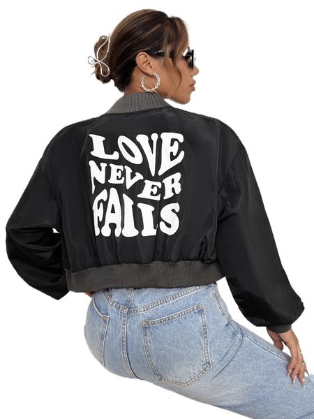 

slogan graphic drop shoulder bomber jacket i8xo#, Black;brown