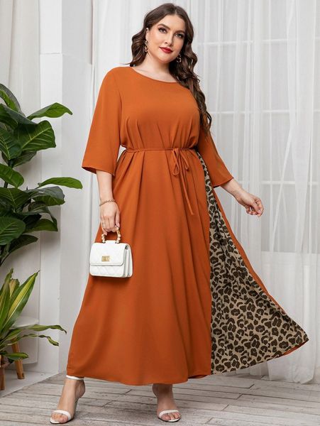 

plus contrast leopard panel belted maxi dress l5b8#, Black