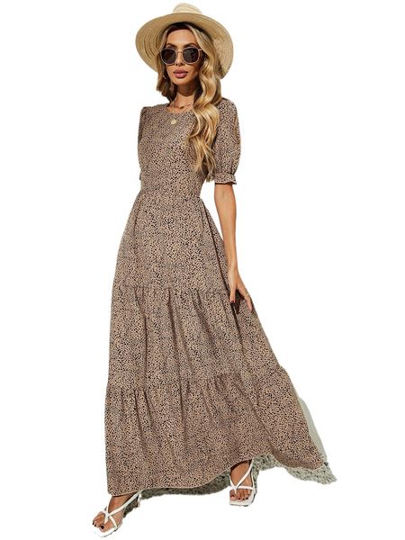 

dalmatian print puff sleeve ruffle hem dress p0rb#, Black;gray