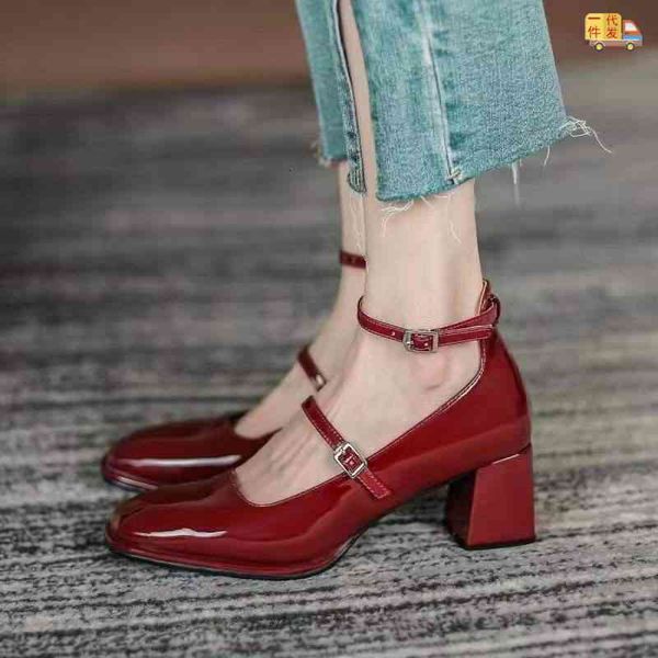 

dress shoes fxso square lane mary jane shoes women's spring and autumn style medium thick heel head temperament versatile blue yining, Black