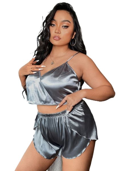 

plus satin wrap detail cami pj set b7nl#, Black;white