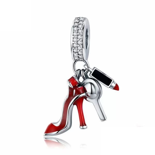 Sterling Silver Women Red tacchi alti scarpe specchio trucco ciondolo fascino CZ perline distanziatore adatto braccialetto regalo gioielli fai da te