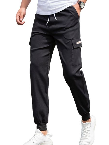 

men letter graphic flap pocket pants s9v3#, Black