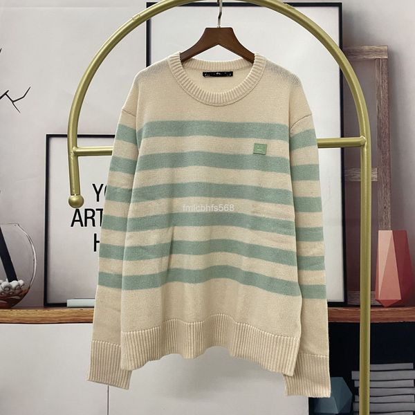 

women's knits & tees autumn and winter square smiling face blue white stripe wool sweater round neck pullover loose pin