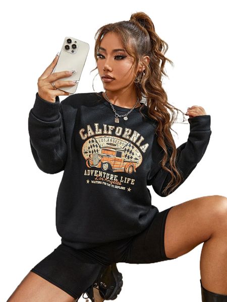 

slogan & car print drop shoulder pullover o6dm#, Black