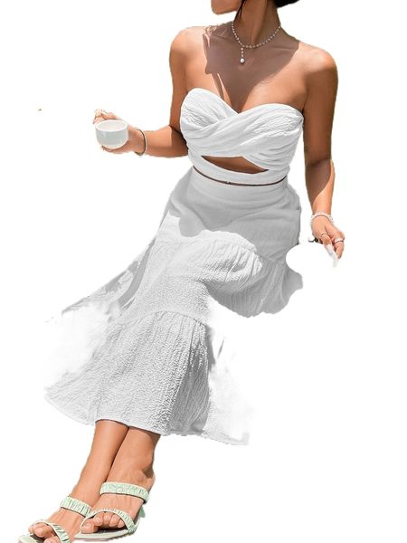 

cut out criss cross shirred back tube & ruffle hem skirt t6rj#, White