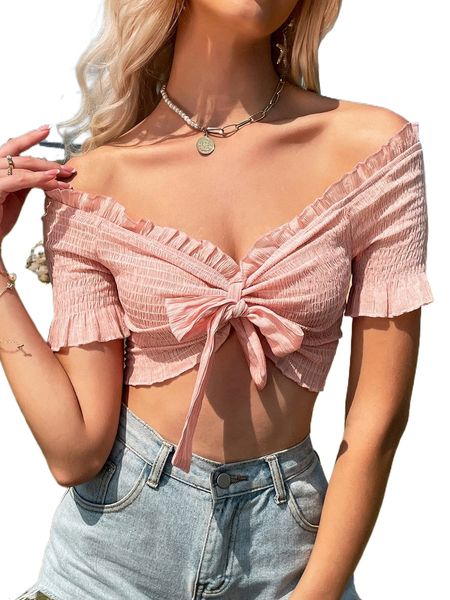

off-shoulder tie front shirred frill trim n7qt#, White