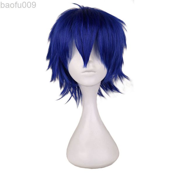 Homens curtos Cosplay Wig Boys Blue escuro 30 cm de cabelo sintético resistente ao calor L220802