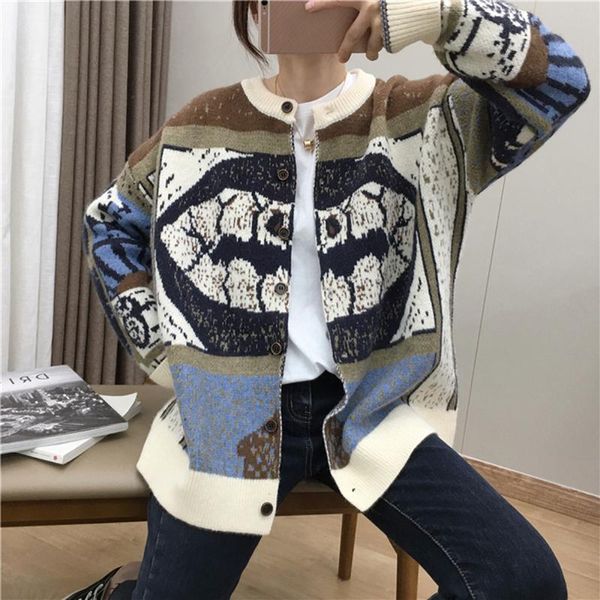 Maglia da donna T-shirt da donna Color Block Retro Jacquard Totem Cardigan lavorato a maglia Giacca maglione Modello astratto per adulti Manica lunga Girocollo Cardig