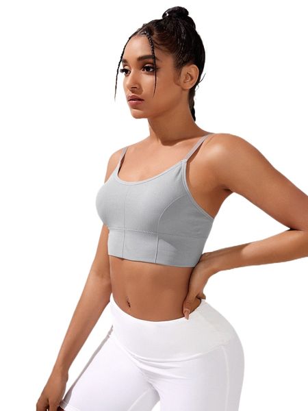 

solid medium support backless sports bra f0bn#, Gray