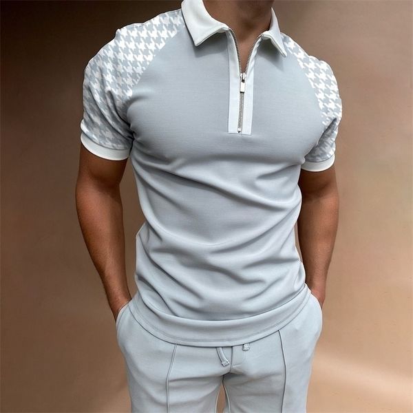 

style men polo shirts casual patchwork homme shirt short sleeve turndown zipper collar 220616, White;black