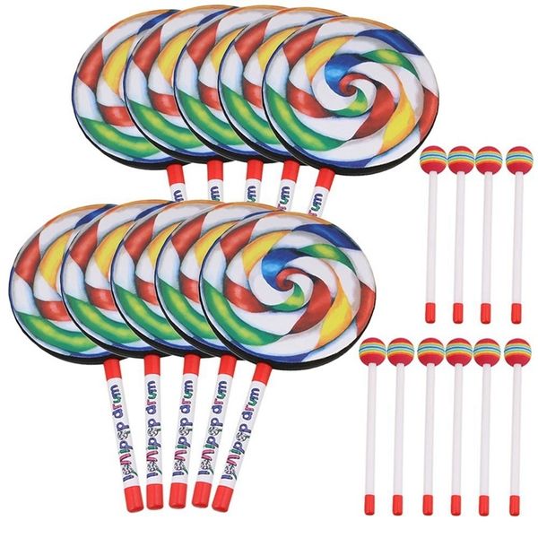 10pcs 7,9 Zoll Lollipop Form Drum mit Regenbogenfarbe Mallet Musik Rhythmus Instrumente Kinder Baby Kinder spielen Spielzeug 220706