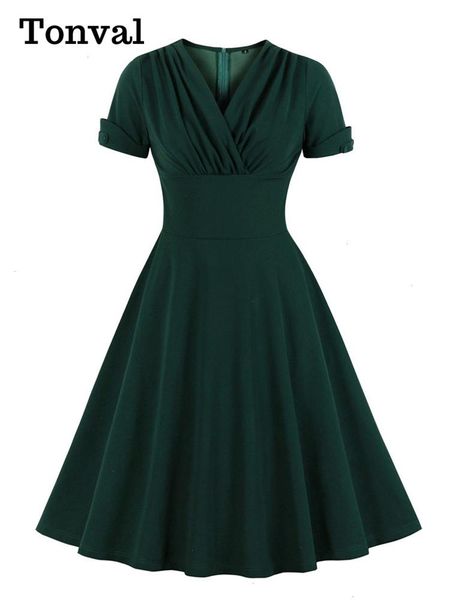 

ruched v neck wrap dresses high waist 1950s vintage green a line swing women summer solid elegant party midi dress, Black;gray