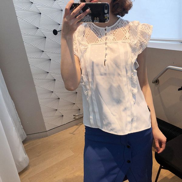

women's polos spring and summer stitching lace edge slim sleeveless lady t-shirt solid color e156e, White