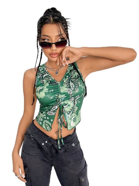 

floral print drawstring front tank j838#, White