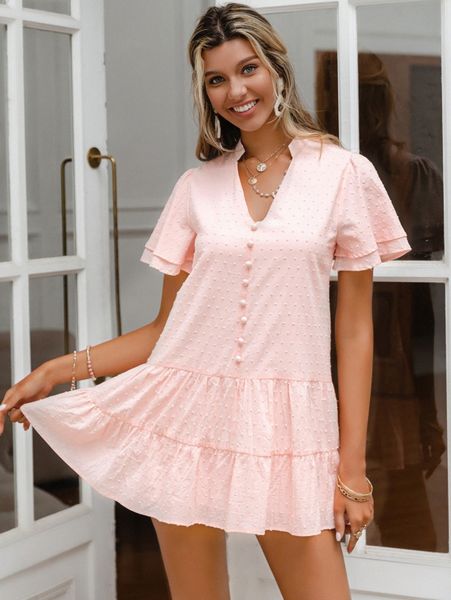 

simplee v neck button front flounce sleeve swiss dot smock dress p1ze#, Black;gray