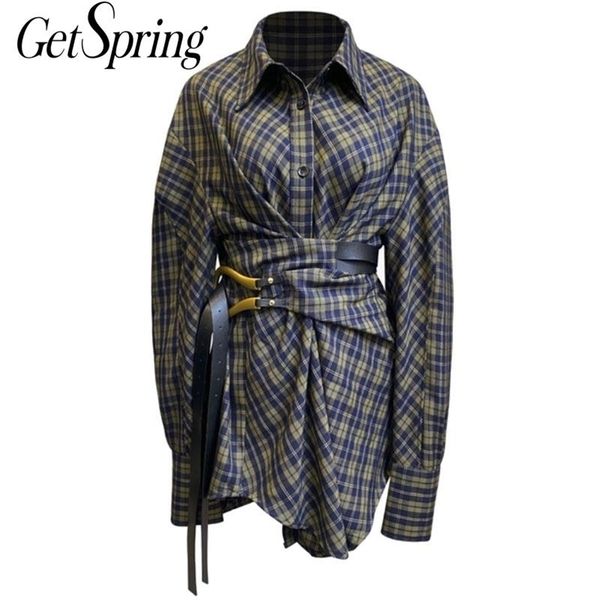 

getspring women shirt blouse vintage plaid shirts long women shirt bandage long sleeve designer shirt women casual plus size 210308, White