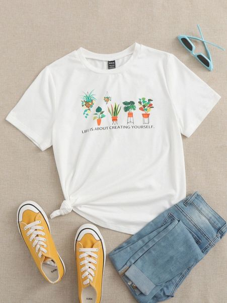 

slogan & plants print tee k7ly#, White