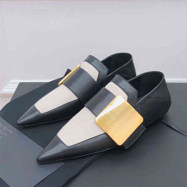 

dress shoes spring minimalist style female single shoes pointed toe square button design genuine leather casual apartments, Black