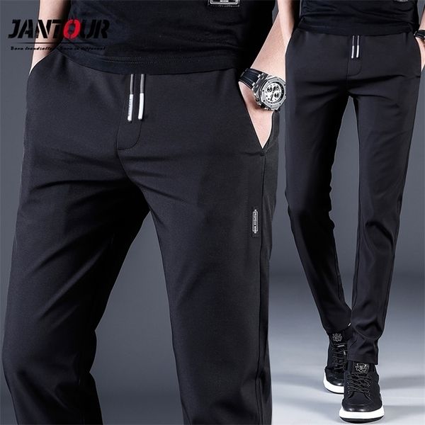 

jantour brand spring summer mens casual pants men thin pant slim fit work elastic waist jogging trousers male plus size 38 220705, Black