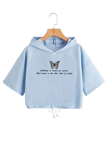 

slogan & butterfly print drop shoulder drawstring hoodie v4h9#, Black