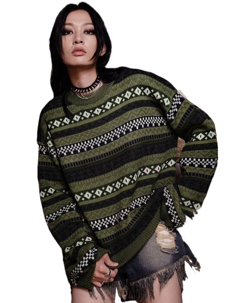 

romwe dark academia geo pattern drop shoulder sweater j47w#, White;black