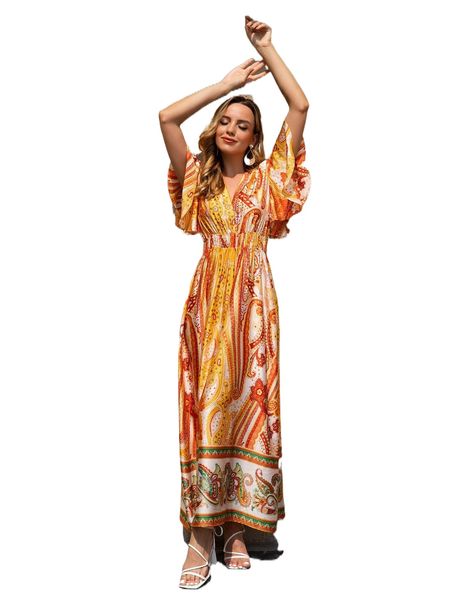 

paisley & floral print flutter sleeve dress i8kx#, Black;gray