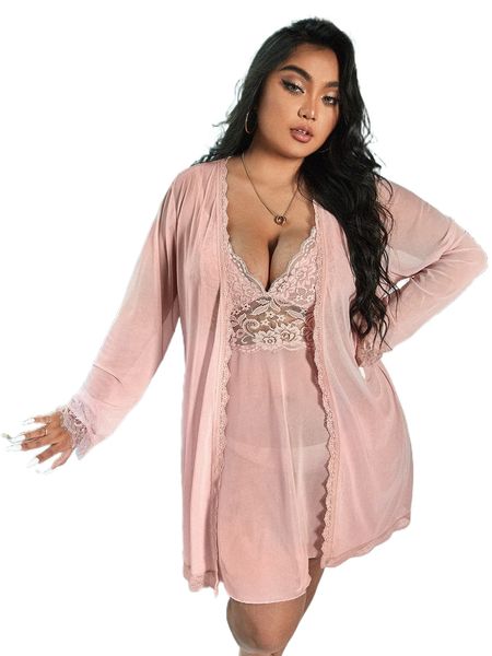 

plus contrast lace cami nightdress & belted robe 66cq#, Black;white