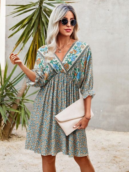 

floral print flounce sleeve tie back dress 15qs#, Black;gray