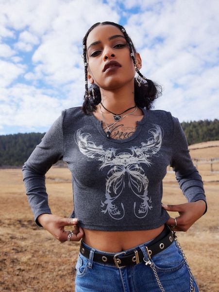 

romwe butterfly graphic notched neck crop tee s2e1#, White