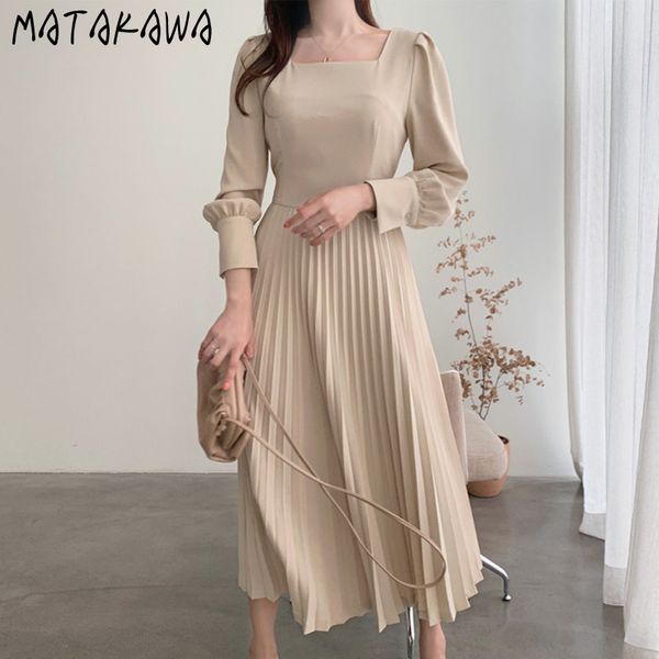 

slimfit laceup waist vestidos korean chic elegant and thin square neck women dress long pleated overtheknee dresses 210506, Black;gray