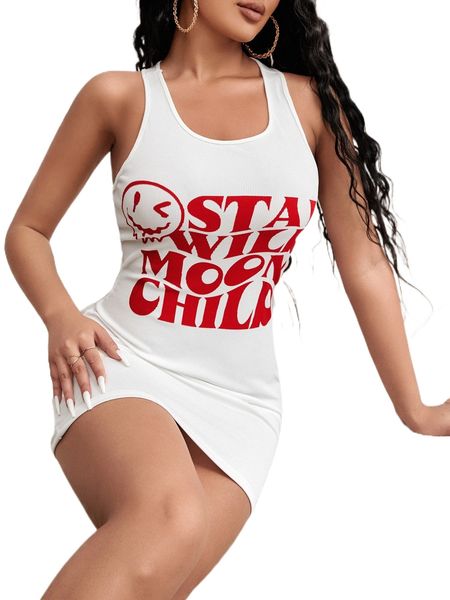 

sxy slogan & expression print tank dress s0p5#, Black;gray