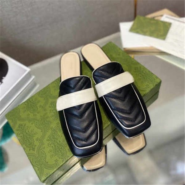 

ladies fashion double button half slippers with geometric design calfskin slippers casual flat slipper, Black