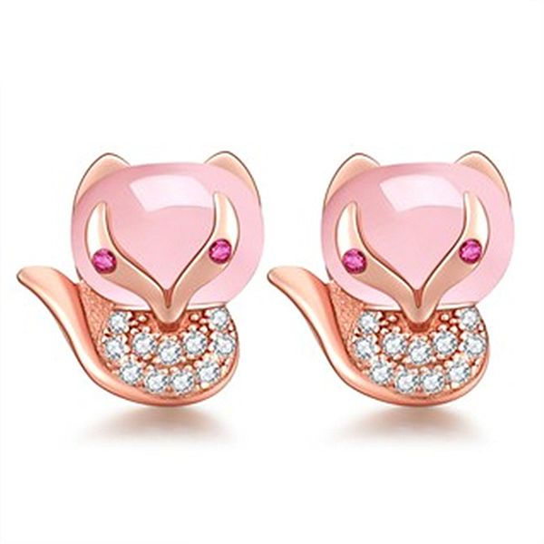 orecchini di volpe con fascino Orecchini di cristallo rosa amore di volpe orecchini di diamanti rosa con pietra di ibisco animali gioielli in argento